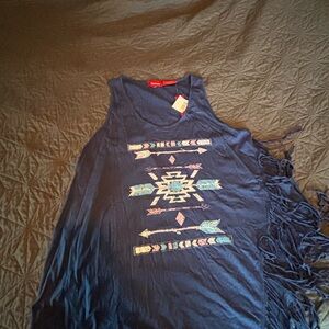 Panhandle Navy Fringe Tank Top with Tribal Print